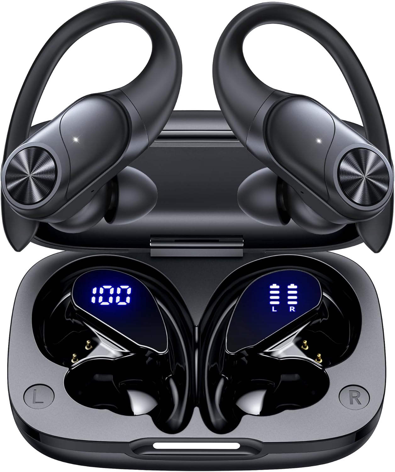Bluetooth Headphones Wireless Earbuds 80Hrs Playtime Wireless Charging Case Digital Display Sports Ear Buds with Earhook Deep Bass IPX7 Waterproof Over-Ear Earphones for TV Phone Laptop Black