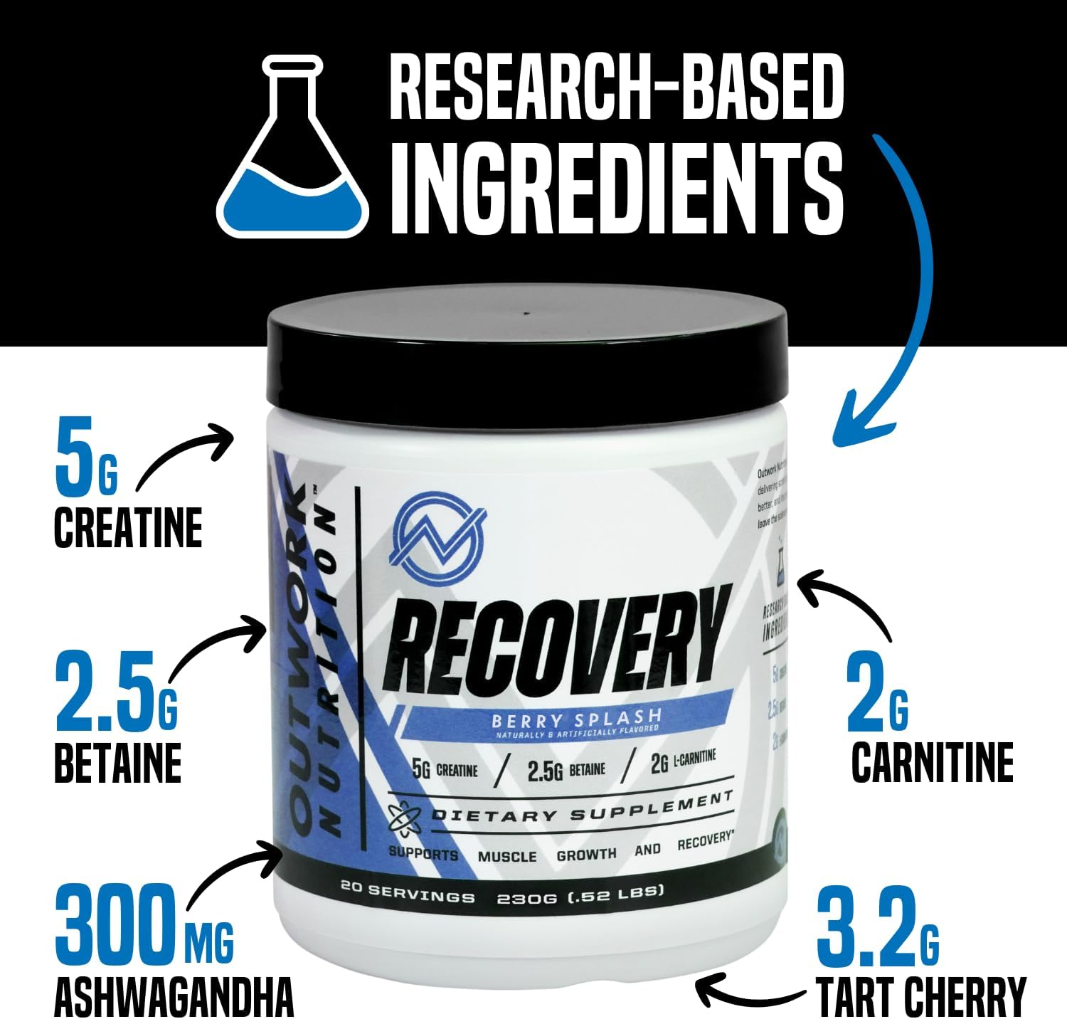 Post Workout Recovery Powder - Creatine Monohydrate, KSM-66 Ashwagandha & Tart Cherry - Speeds Recovery, Eases Soreness - Creatine Powder for Men & Women, Berry Splash, 240 Gr