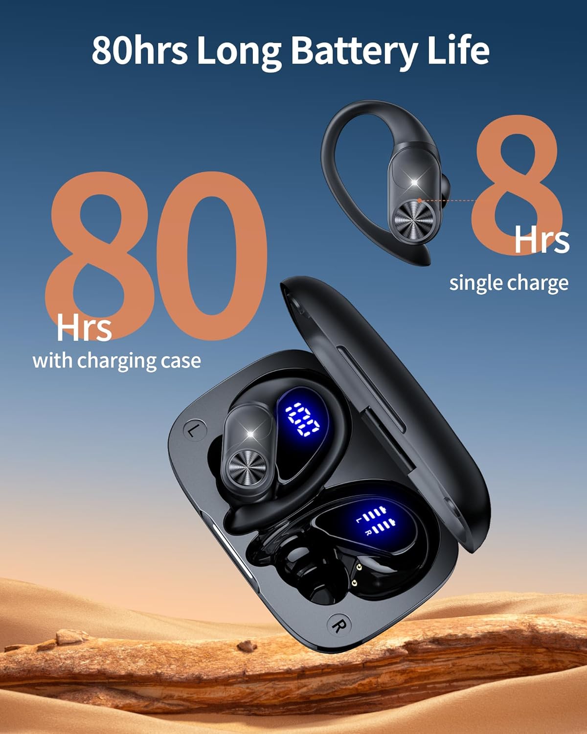 Bluetooth Headphones Wireless Earbuds 80Hrs Playtime Wireless Charging Case Digital Display Sports Ear Buds with Earhook Deep Bass IPX7 Waterproof Over-Ear Earphones for TV Phone Laptop Black