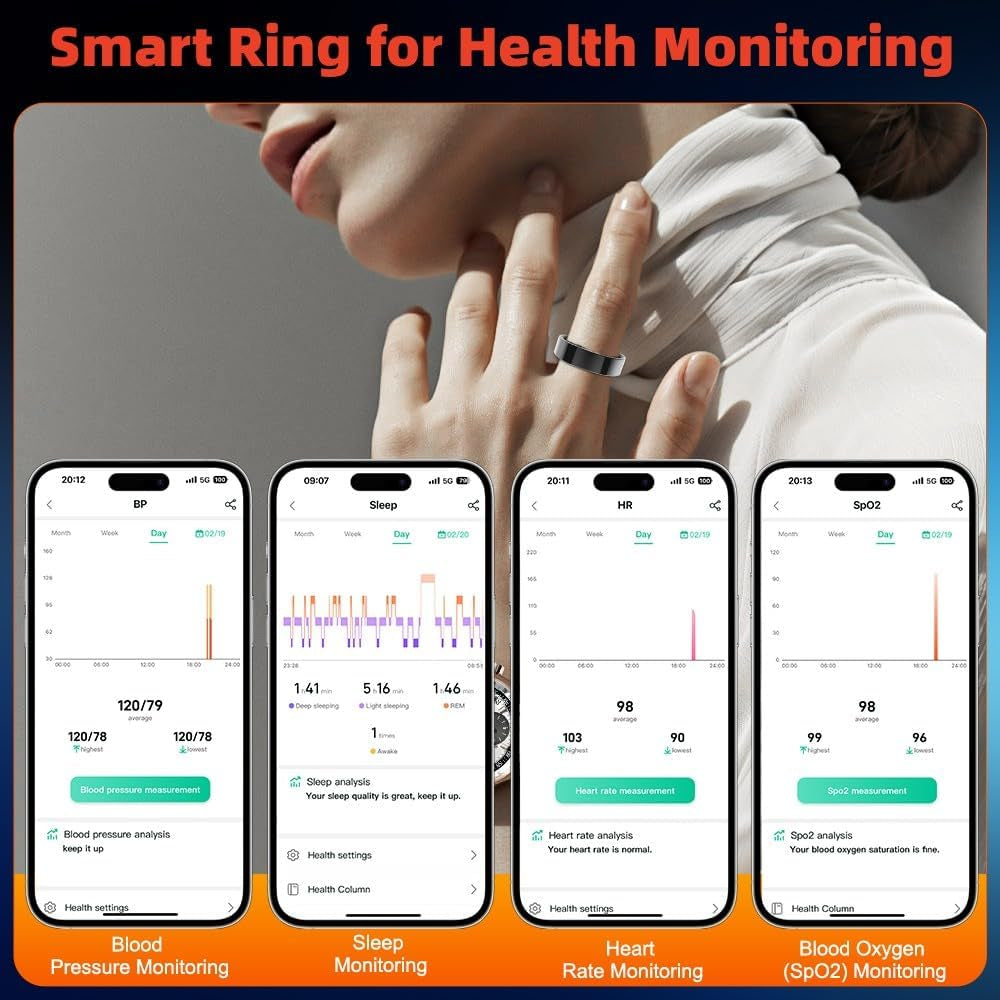 2025 Smart Ring Health Tracker with Blood Pressure Monitor, IP68 Waterproof Health Ring for Blood Oxygen Heart Rate Spo2 Sleep Monitor, Bluetooth Connect Fitness Ring for Multi-Sports Tracking