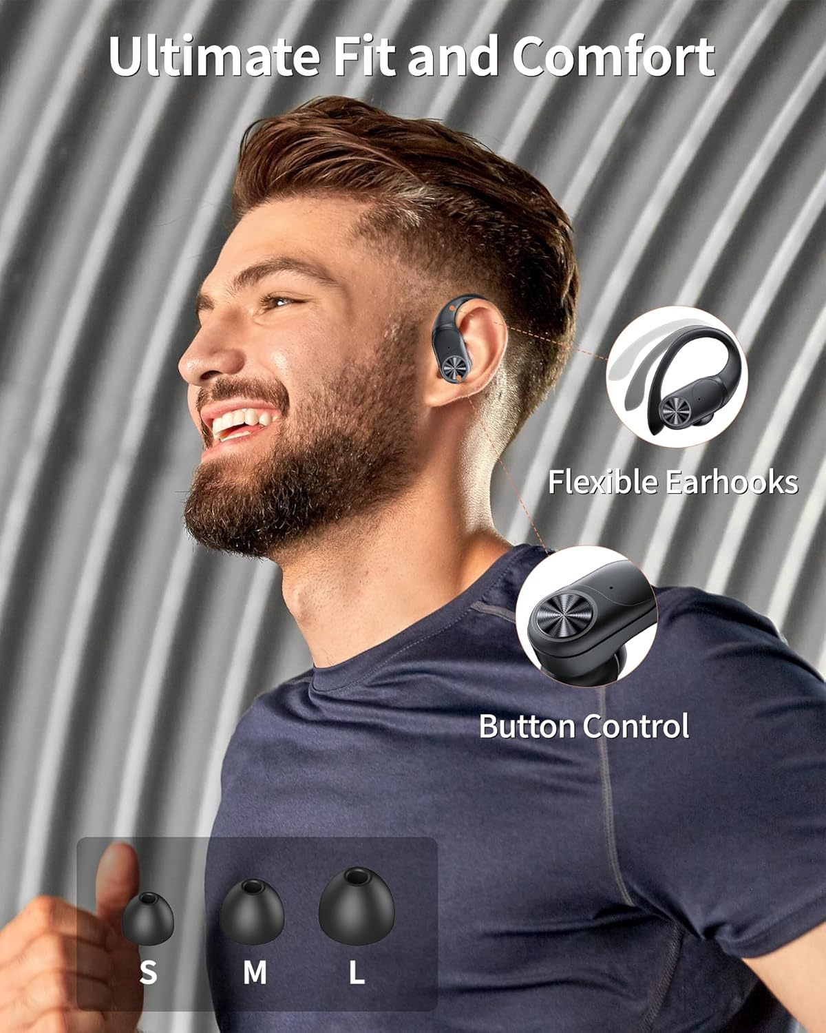 Bluetooth Headphones Wireless Earbuds 80Hrs Playtime Wireless Charging Case Digital Display Sports Ear Buds with Earhook Deep Bass IPX7 Waterproof Over-Ear Earphones for TV Phone Laptop Black