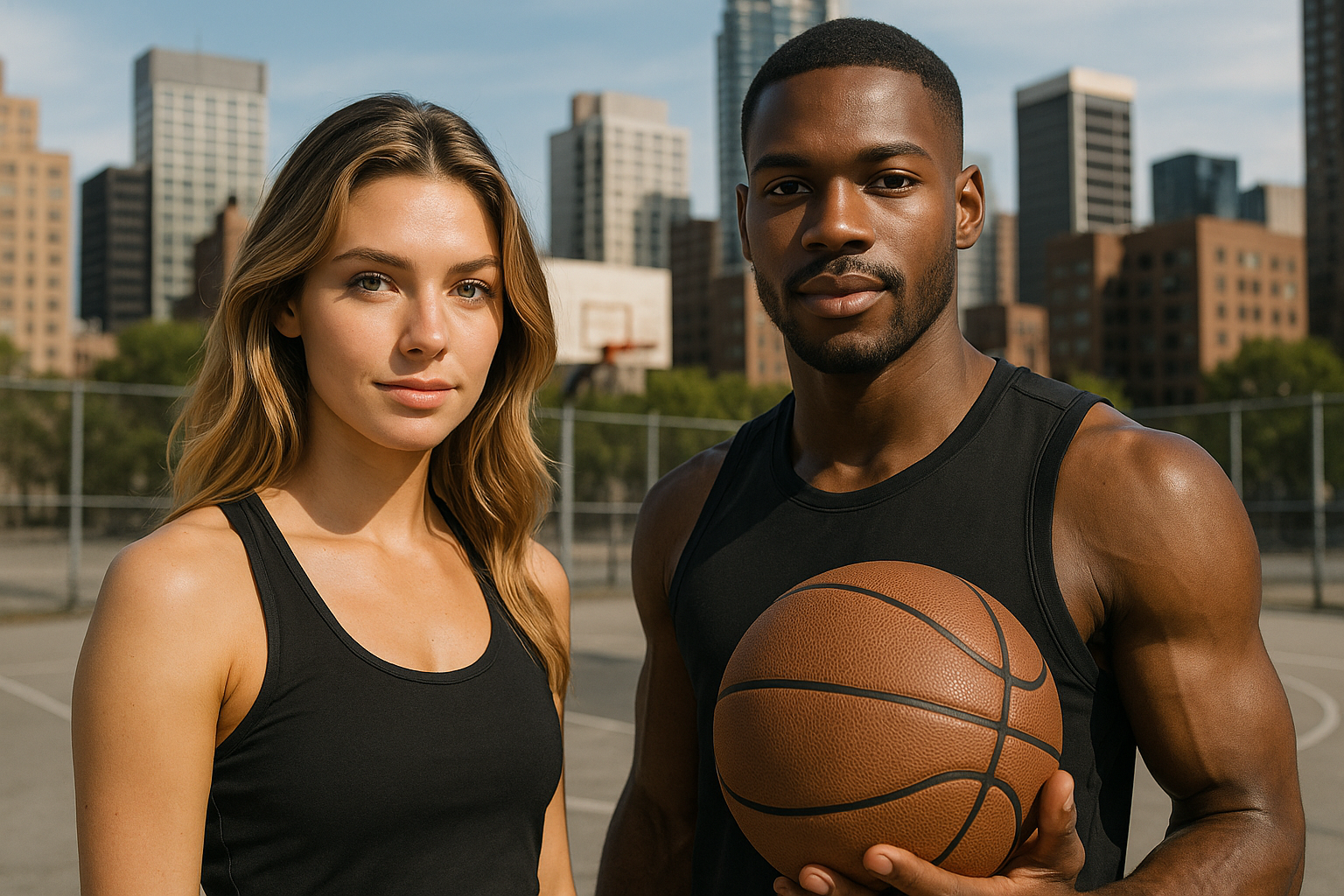 can you make the guy have a basketball ball in his hand and the background to be a basketball court but around buildings like downtown of a city 